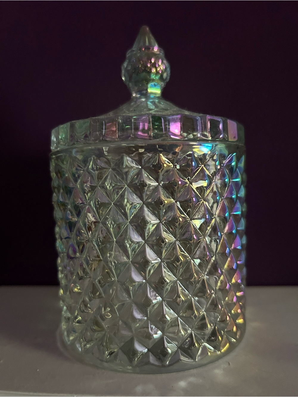 Iridescent Diamond Cut Glass with Lid